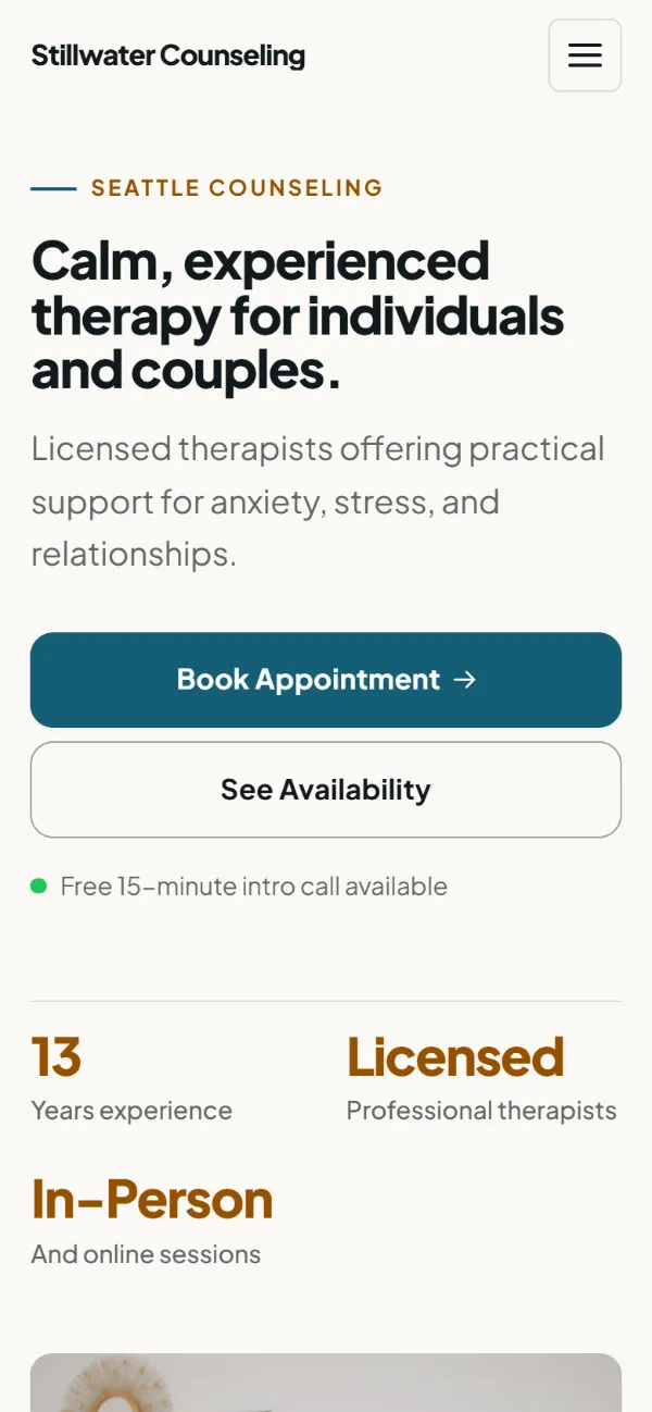 Professional therapist website template on a phone: clean and structured, with a photo beside the headline