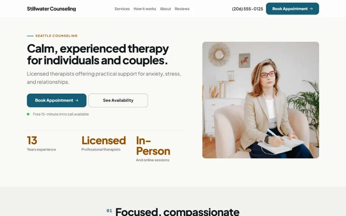 Professional therapist website template: clean and structured, with a photo beside the headline