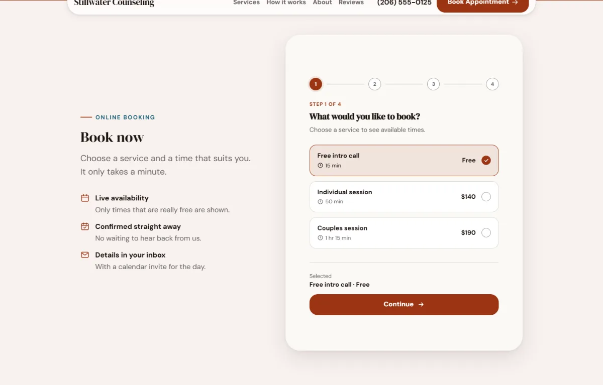 Online booking form on the Warm therapist website template: customers choose a service, then a free time