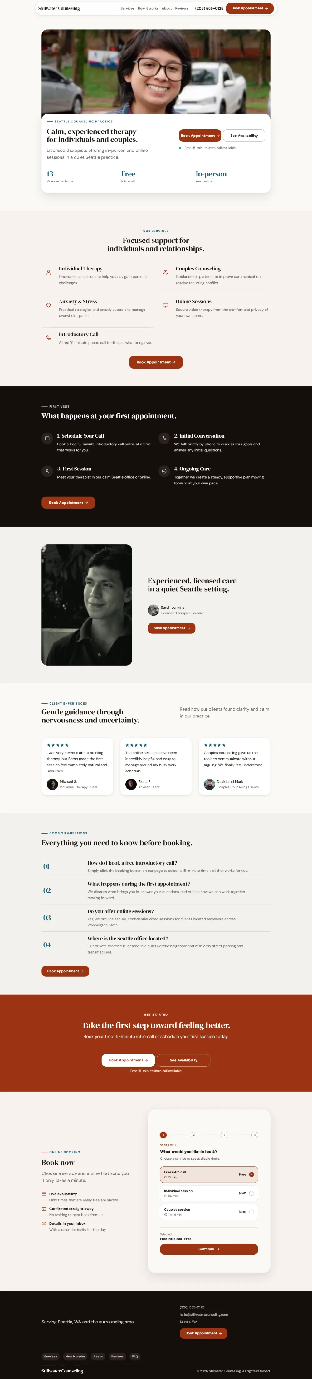 Warm therapist website template, the whole home page: soft cards and warm colours under a wide photo