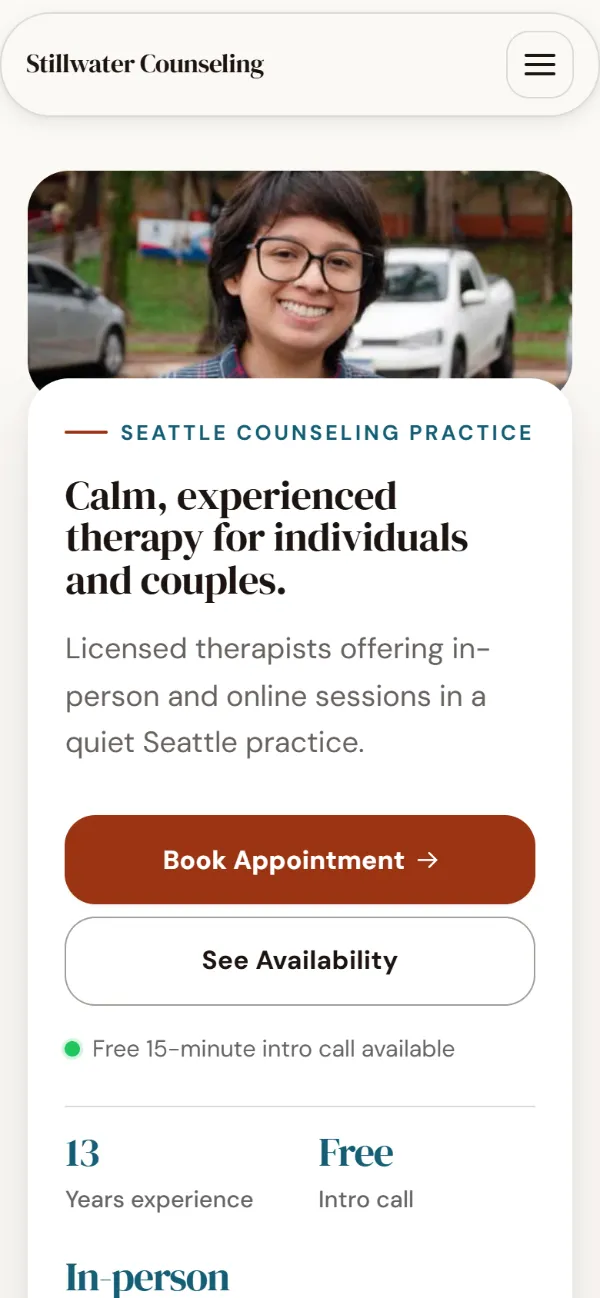 Warm therapist website template on a phone: soft cards and warm colours under a wide photo