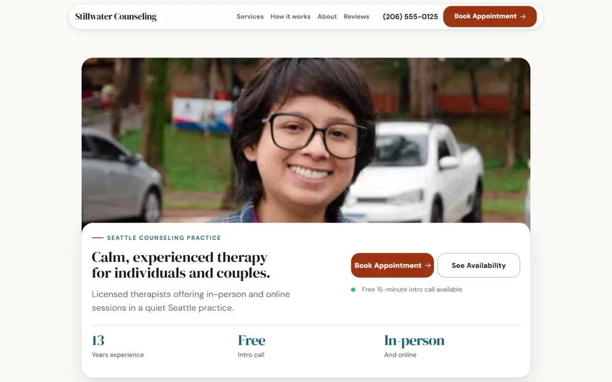 Warm therapist website template: soft cards and warm colours under a wide photo