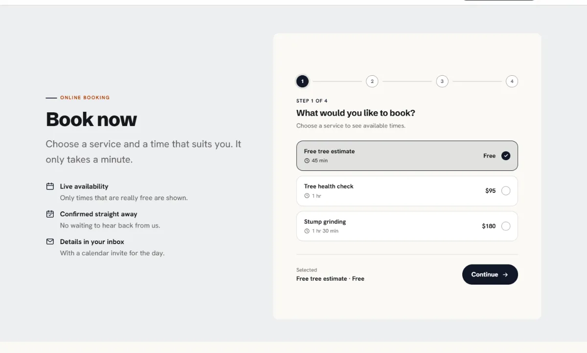 Online booking form on the Bold tree service website template: customers choose a service, then a free time