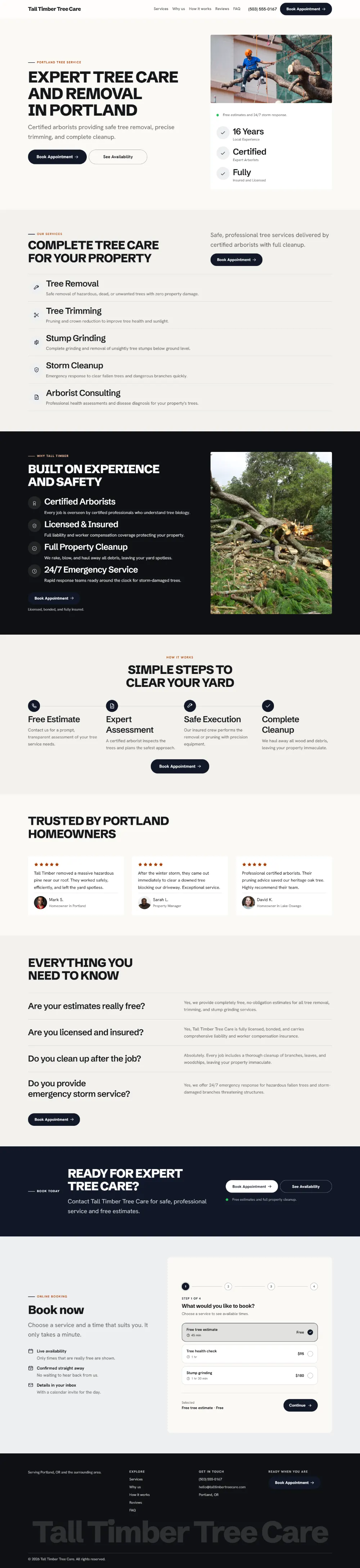 Bold tree service website template, the whole home page: a dark first screen, big capital headlines and one loud accent colour