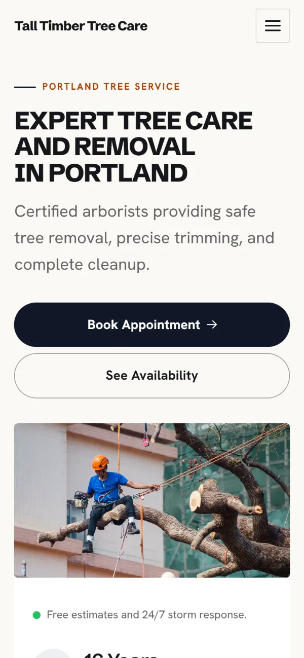Bold tree service website template on a phone: a dark first screen, big capital headlines and one loud accent colour