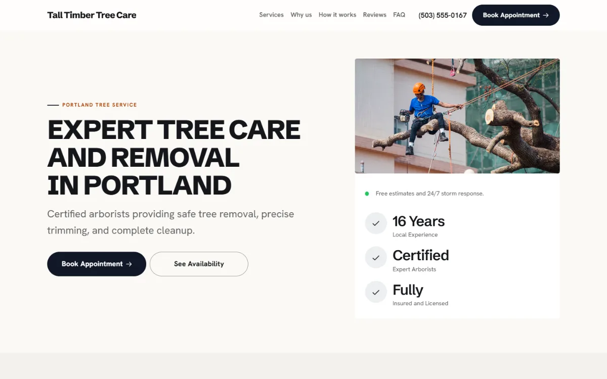 Bold tree service website template: a dark first screen, big capital headlines and one loud accent colour