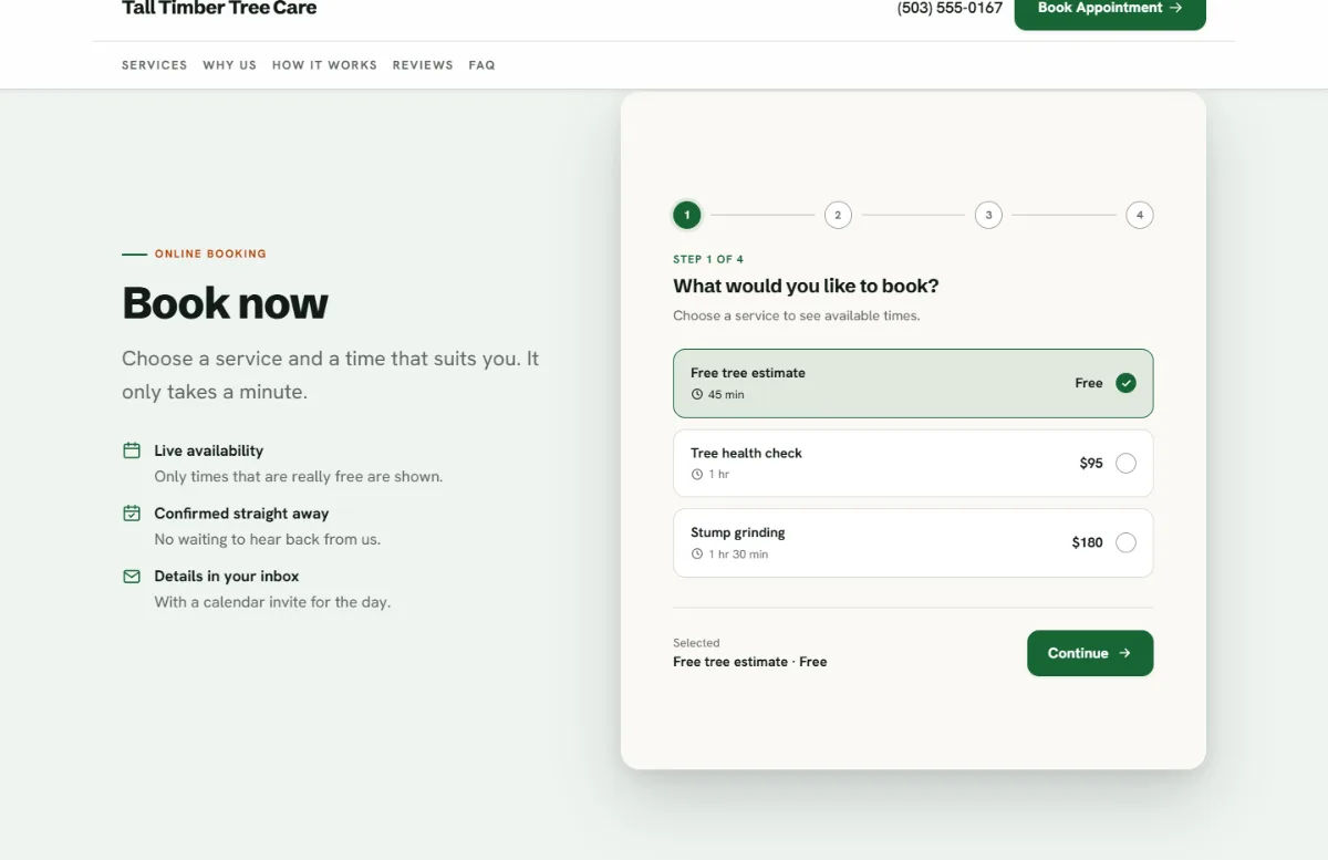 Online booking form on the Bright tree service website template: customers choose a service, then a free time