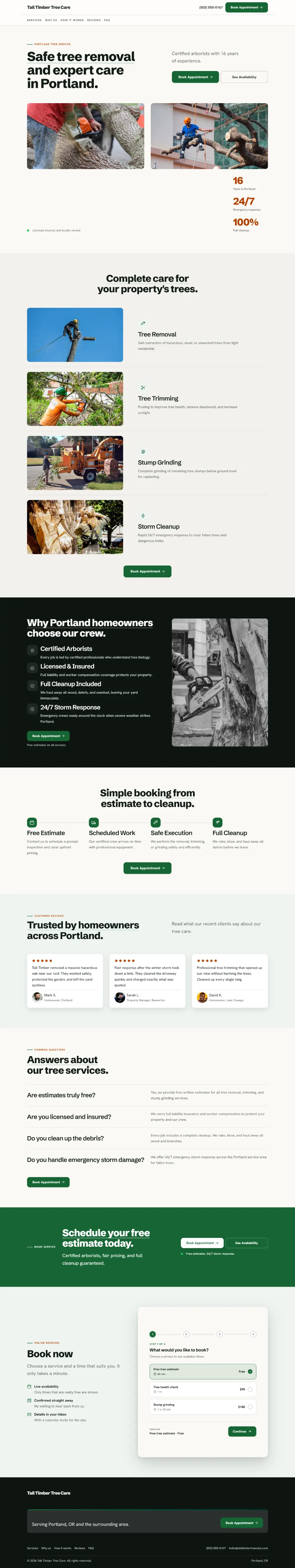 Bright tree service website template, the whole home page: light and airy, with two photos under the headline