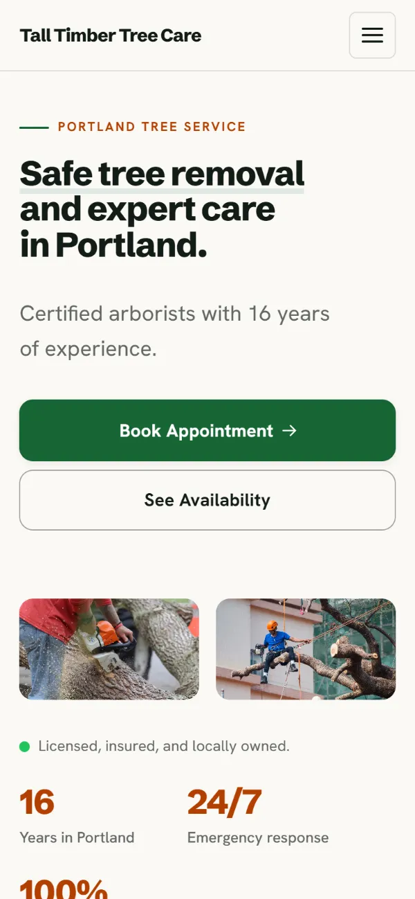 Bright tree service website template on a phone: light and airy, with two photos under the headline