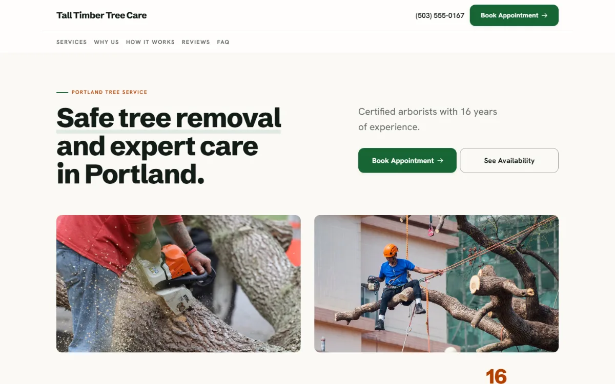 Bright tree service website template: light and airy, with two photos under the headline