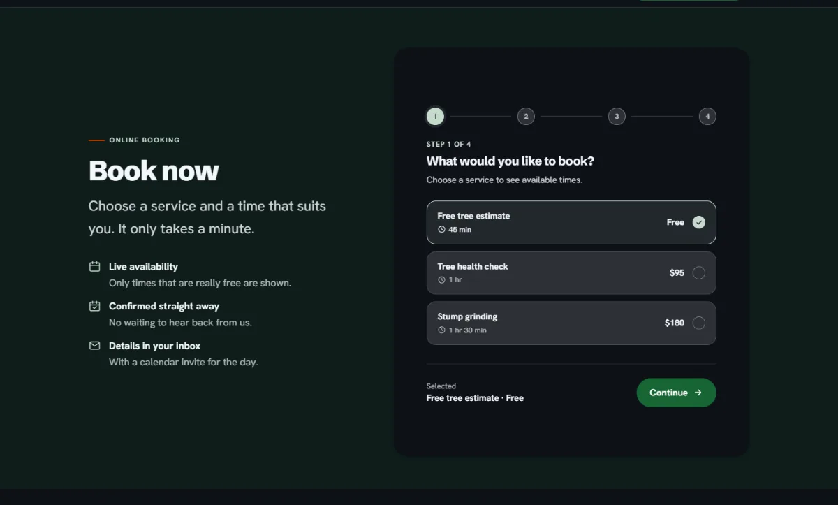 Online booking form on the Dark tree service website template: customers choose a service, then a free time