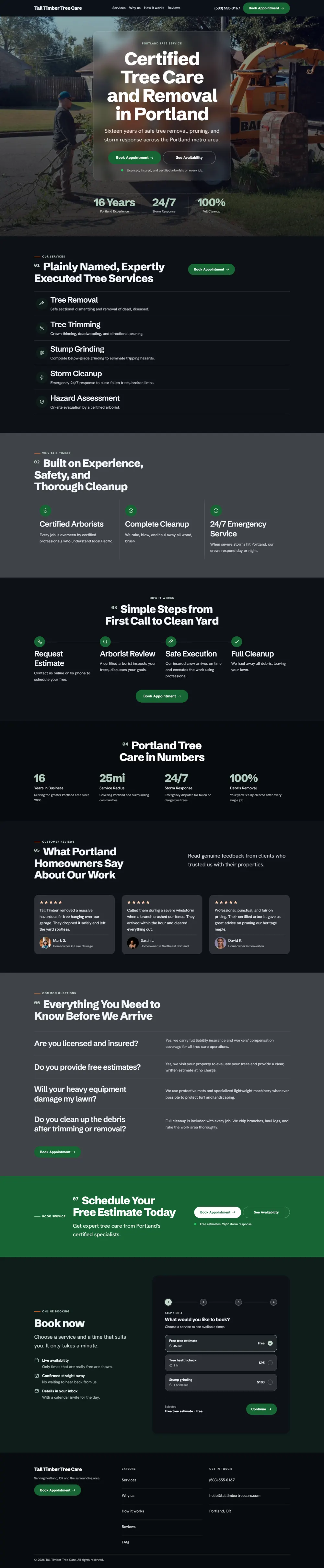 Dark tree service website template, the whole home page: dark mode throughout, with a glass card over the photo