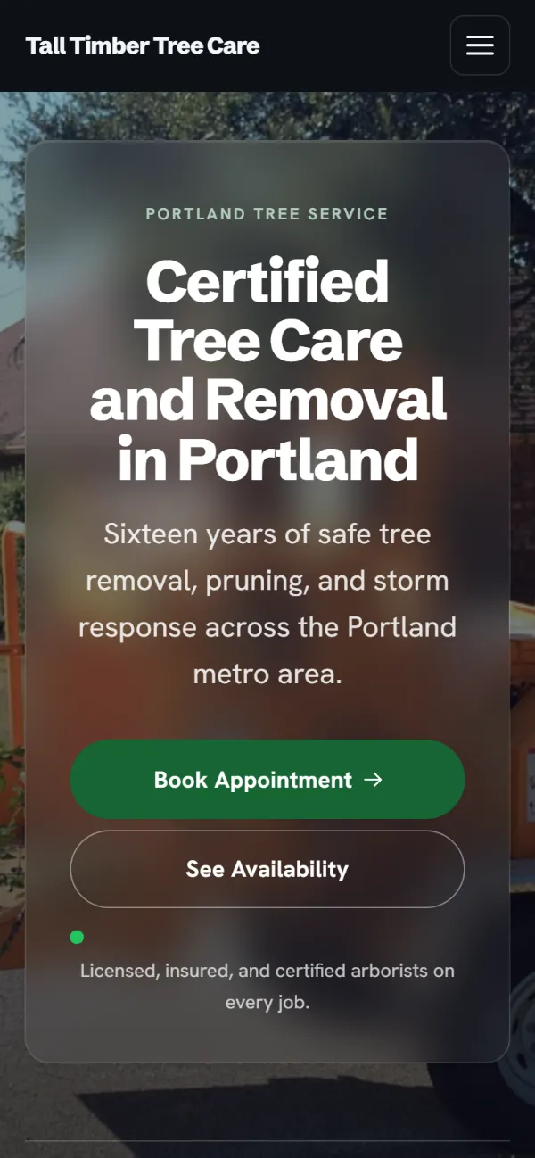 Dark tree service website template on a phone: dark mode throughout, with a glass card over the photo