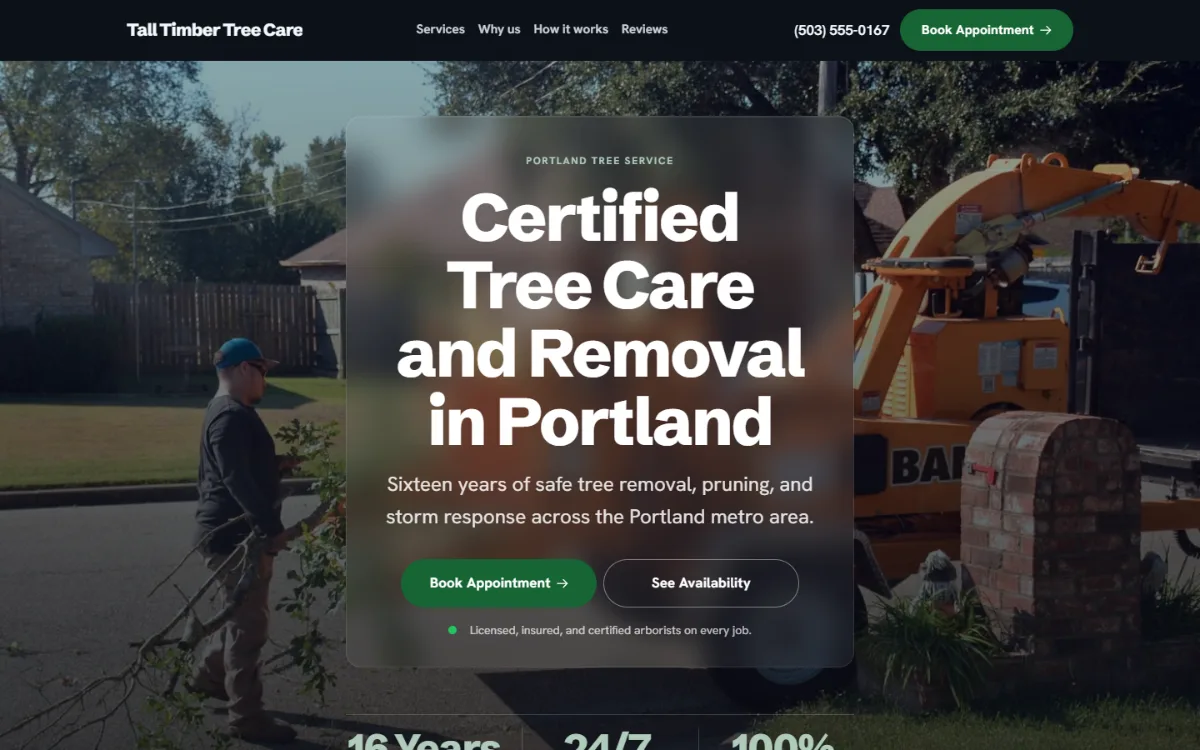 Dark tree service website template: dark mode throughout, with a glass card over the photo