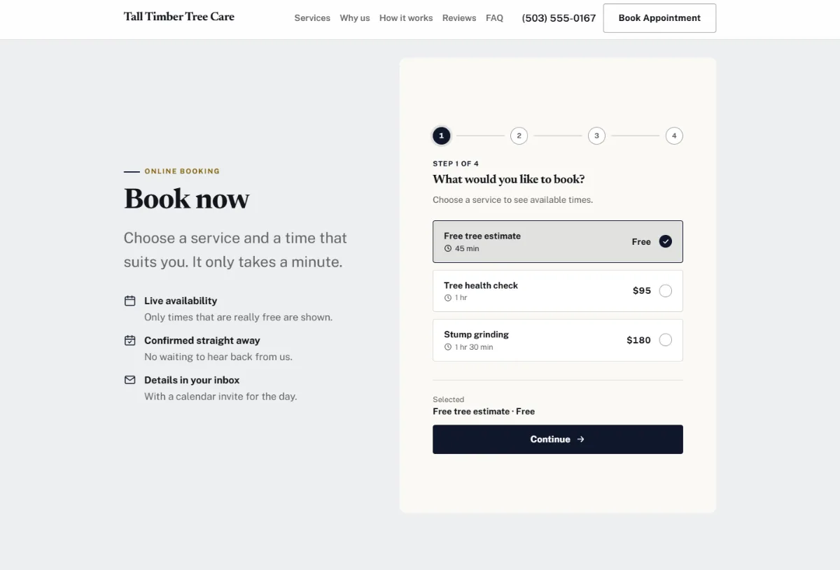 Online booking form on the Luxury tree service website template: customers choose a service, then a free time
