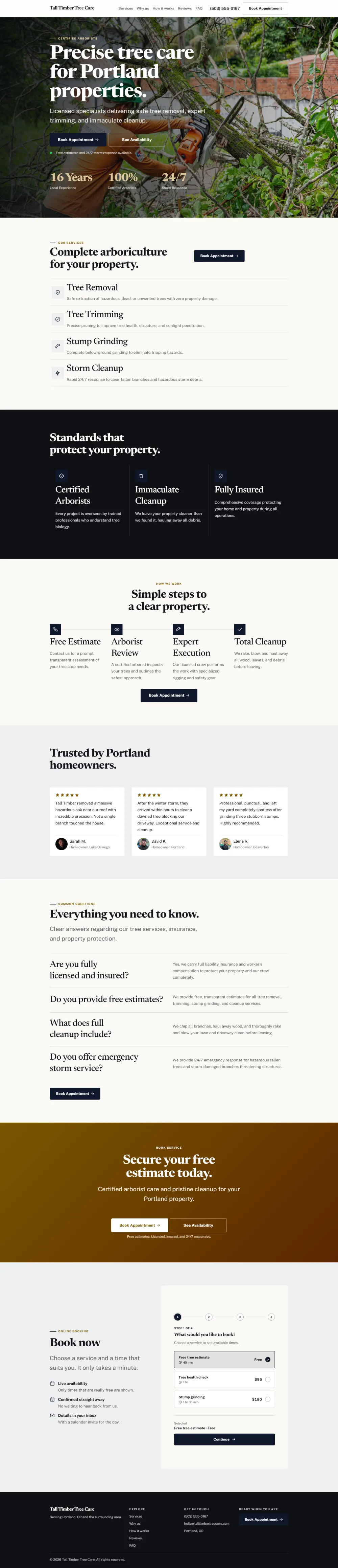 Luxury tree service website template, the whole home page: dark and understated, with a serif headline over a full-width photo