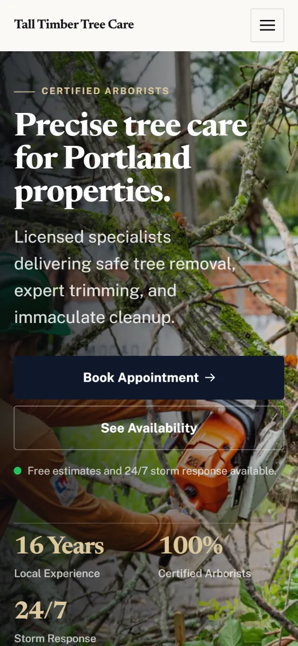 Luxury tree service website template on a phone: dark and understated, with a serif headline over a full-width photo