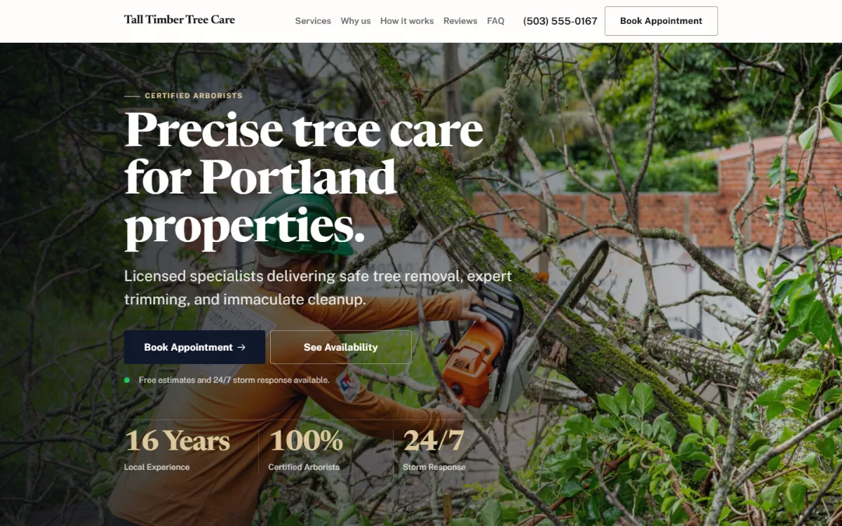 Luxury tree service website template: dark and understated, with a serif headline over a full-width photo