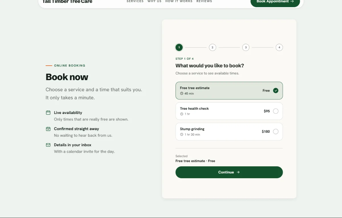 Online booking form on the Professional tree service website template: customers choose a service, then a free time