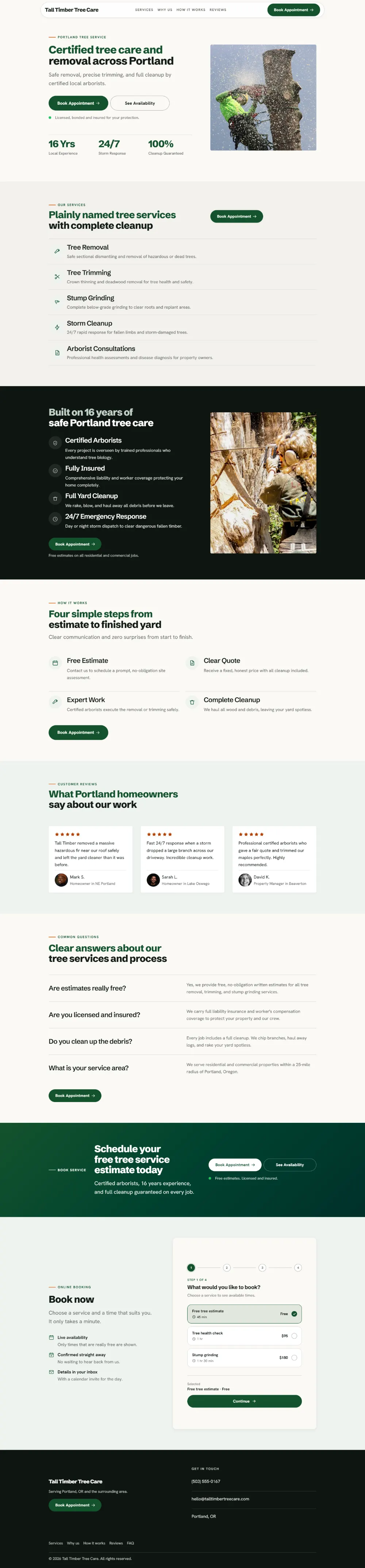Professional tree service website template, the whole home page: clean and structured, with a photo beside the headline
