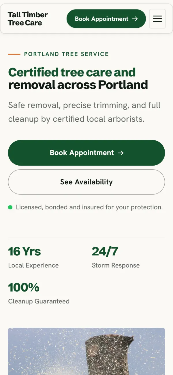 Professional tree service website template on a phone: clean and structured, with a photo beside the headline