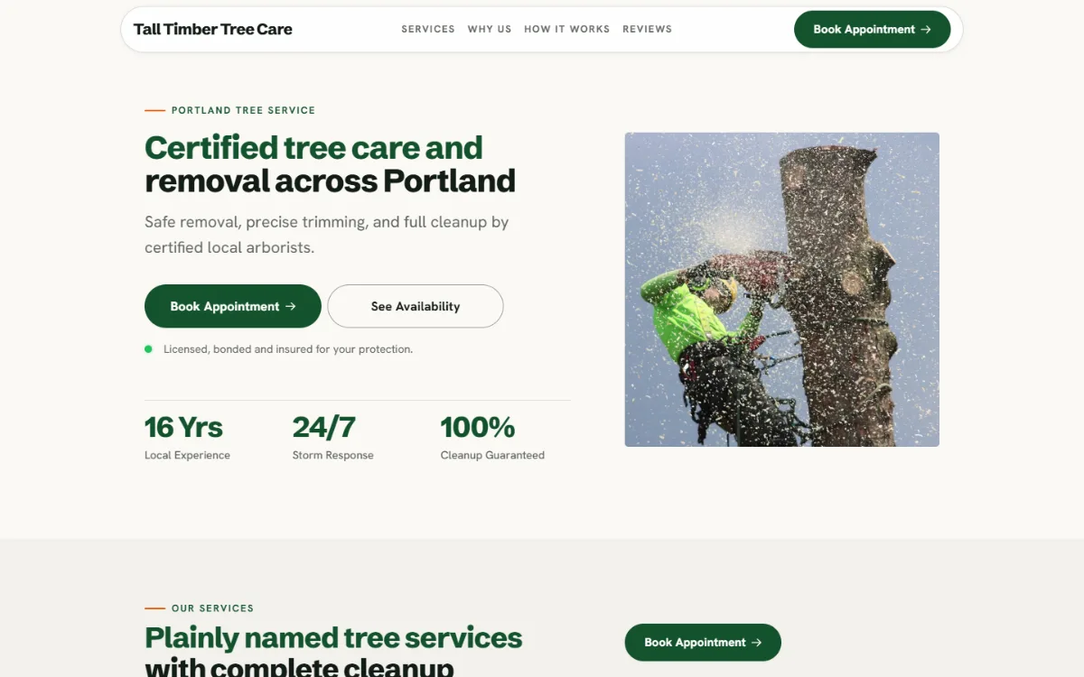 Professional tree service website template: clean and structured, with a photo beside the headline