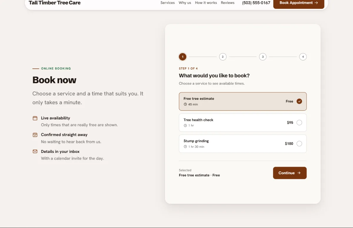 Online booking form on the Warm tree service website template: customers choose a service, then a free time
