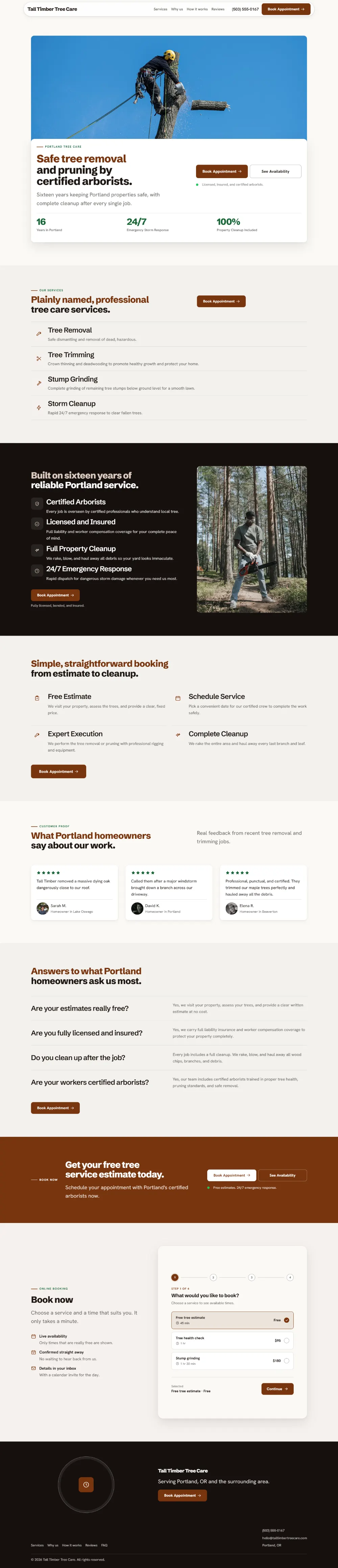 Warm tree service website template, the whole home page: soft cards and warm colours under a wide photo