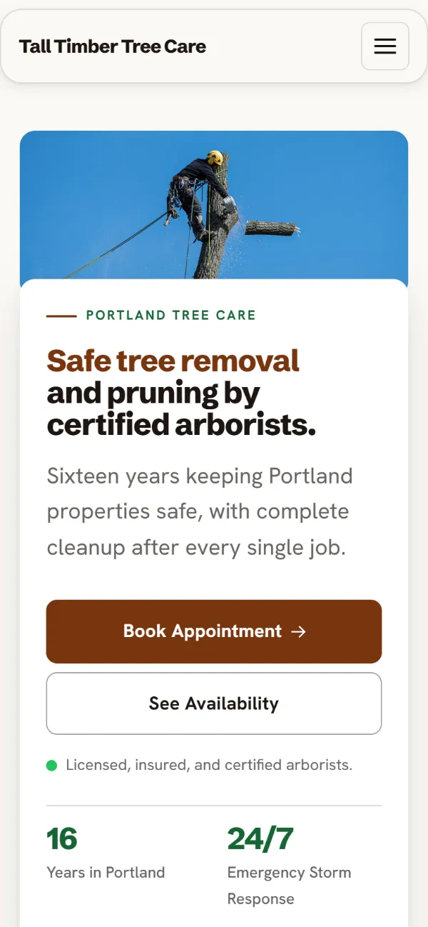 Warm tree service website template on a phone: soft cards and warm colours under a wide photo