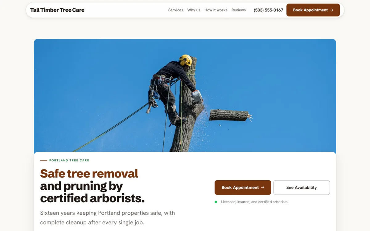 Warm tree service website template: soft cards and warm colours under a wide photo
