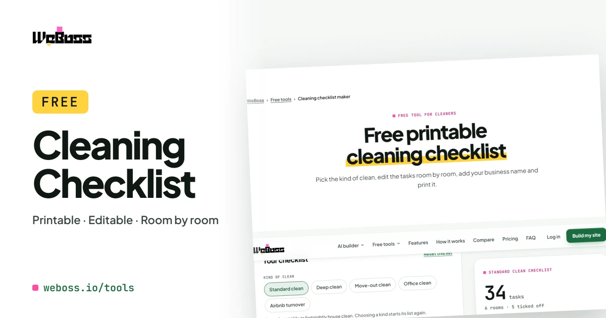 Free printable cleaning checklist maker by WeBoss showing a room-by-room house cleaning checklist